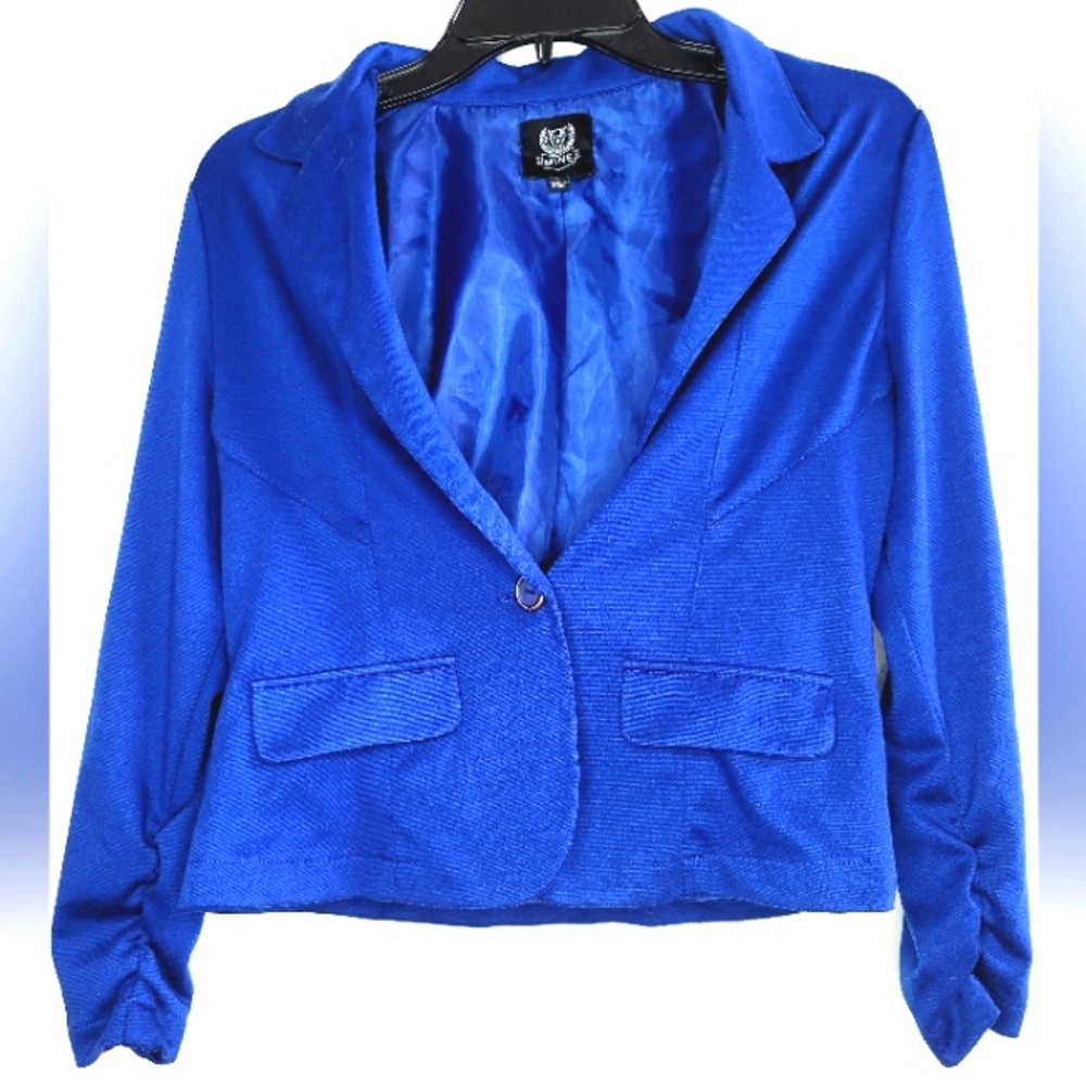 Mine Blazer W Shoulder Pads One Button Shirred Sleeves Large L Blue Collared